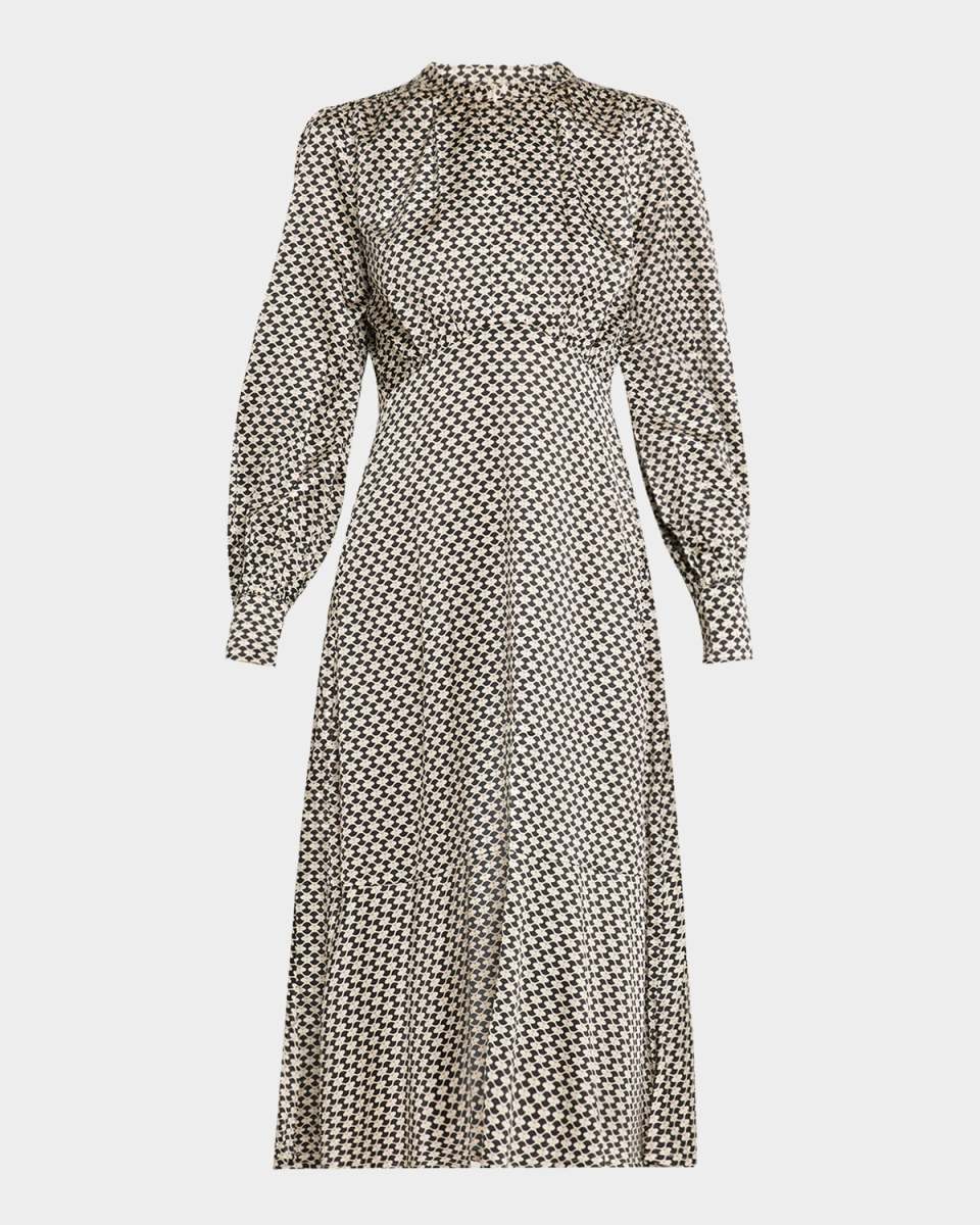 Rudy Printed Long-Sleeve Empire-Waist Silk Midi Dress